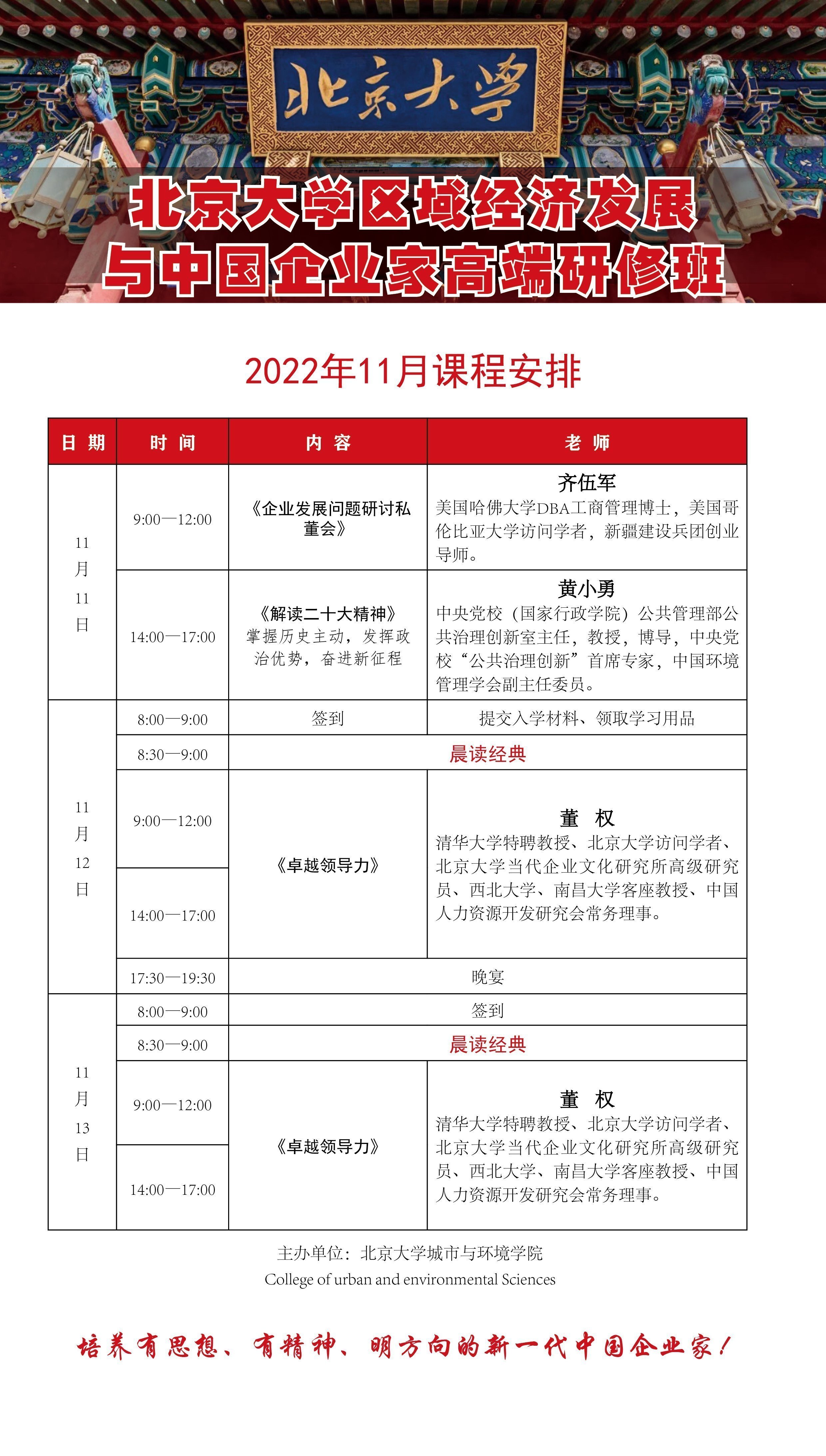 北京大學區(qū)域經濟發(fā)展與中國企業(yè)家高端研修班11月開課通知